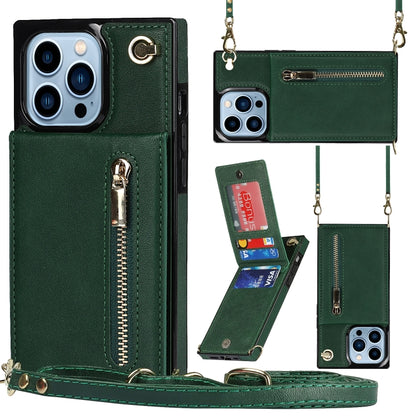 For iPhone 14 Pro Max Cross-body Zipper Square Phone Case with Holder (Green) - iPhone 14 Pro Max Cases by buy2fix | Online Shopping UK | buy2fix