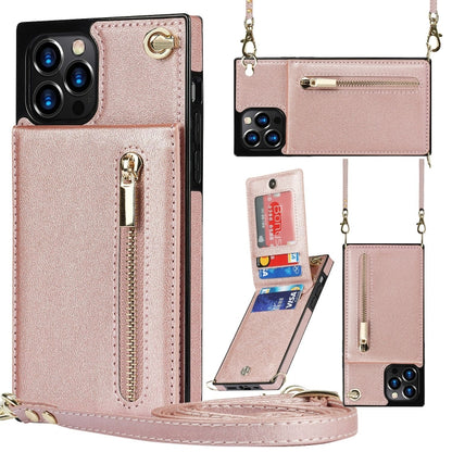 For iPhone 14 Pro Max Cross-body Zipper Square Phone Case with Holder (Rose Gold) - iPhone 14 Pro Max Cases by buy2fix | Online Shopping UK | buy2fix
