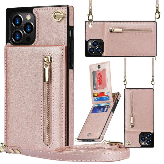 For iPhone 14 Pro Max Cross-body Zipper Square Phone Case with Holder (Rose Gold) - iPhone 14 Pro Max Cases by buy2fix | Online Shopping UK | buy2fix