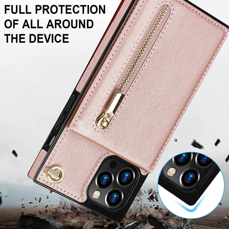 For iPhone 14 Pro Max Cross-body Zipper Square Phone Case with Holder (Rose Gold) - iPhone 14 Pro Max Cases by buy2fix | Online Shopping UK | buy2fix