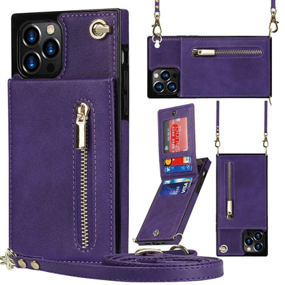 For iPhone 14 Pro Max Cross-body Zipper Square Phone Case with Holder (Purple) - iPhone 14 Pro Max Cases by buy2fix | Online Shopping UK | buy2fix