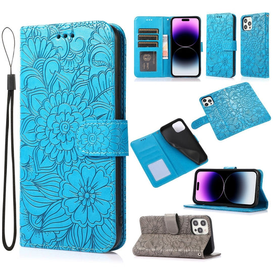 For iPhone 14 Pro Skin Feel Embossed Sunflower Horizontal Leather Case(Blue)