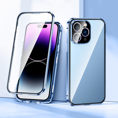 For iPhone 14 Pro Max Magnetic Double-buckle HD Tempered Glass Phone Case (Blue) - iPhone 14 Pro Max Cases by buy2fix | Online Shopping UK | buy2fix