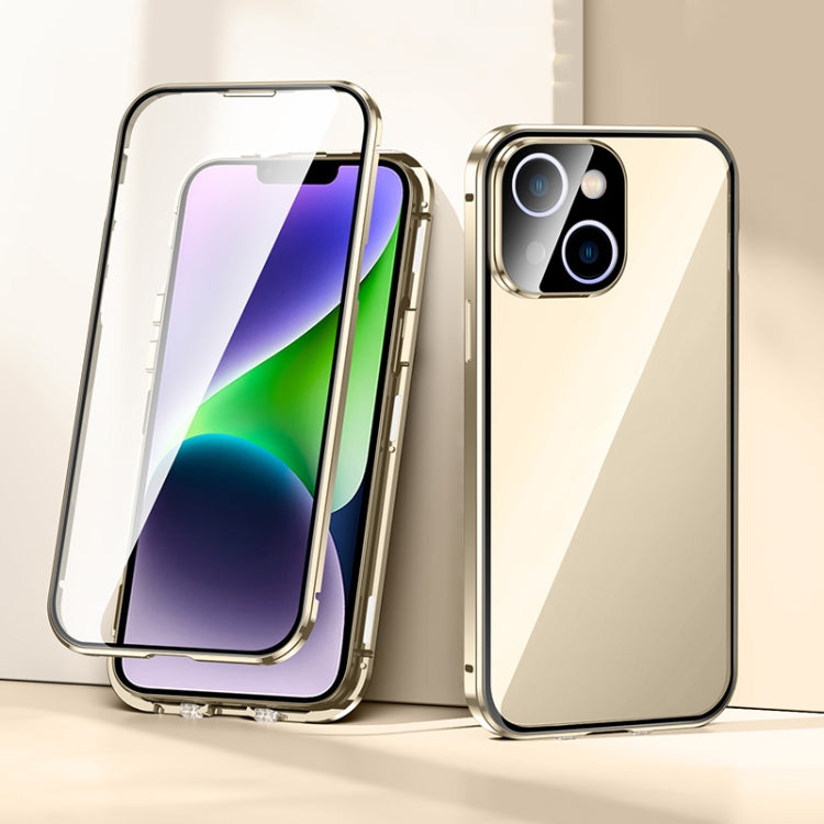 For iPhone 14 Magnetic Double-buckle HD Tempered Glass Phone Case (Gold) - iPhone 14 Cases by buy2fix | Online Shopping UK | buy2fix