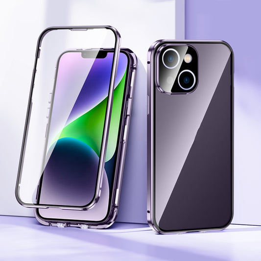 For iPhone 14 Magnetic Double-buckle HD Tempered Glass Phone Case (Purple) - iPhone 14 Cases by buy2fix | Online Shopping UK | buy2fix