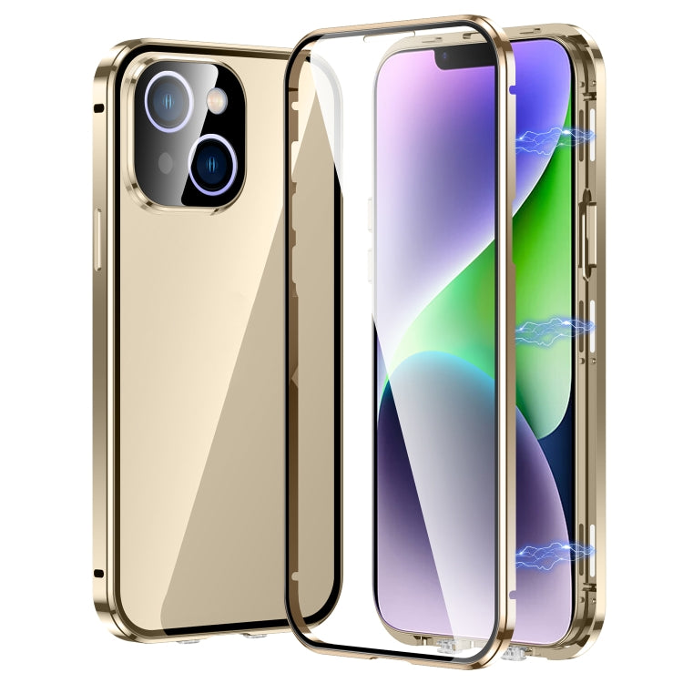 For iPhone 14 Plus Magnetic Double-buckle HD Tempered Glass Phone Case (Gold) - iPhone 14 Plus Cases by buy2fix | Online Shopping UK | buy2fix