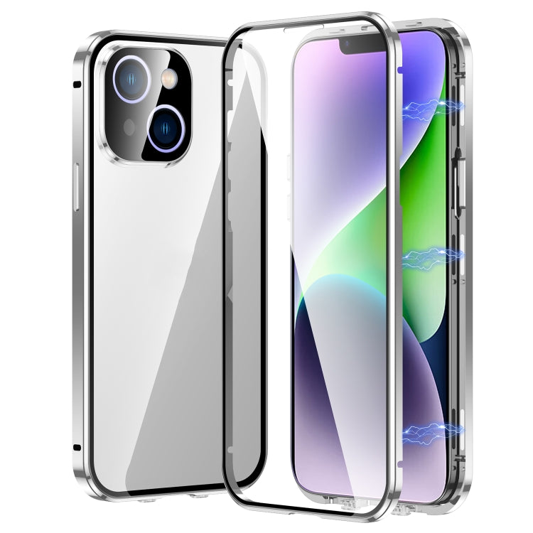 For iPhone 14 Plus Magnetic Double-buckle HD Tempered Glass Phone Case (Silver) - iPhone 14 Plus Cases by buy2fix | Online Shopping UK | buy2fix