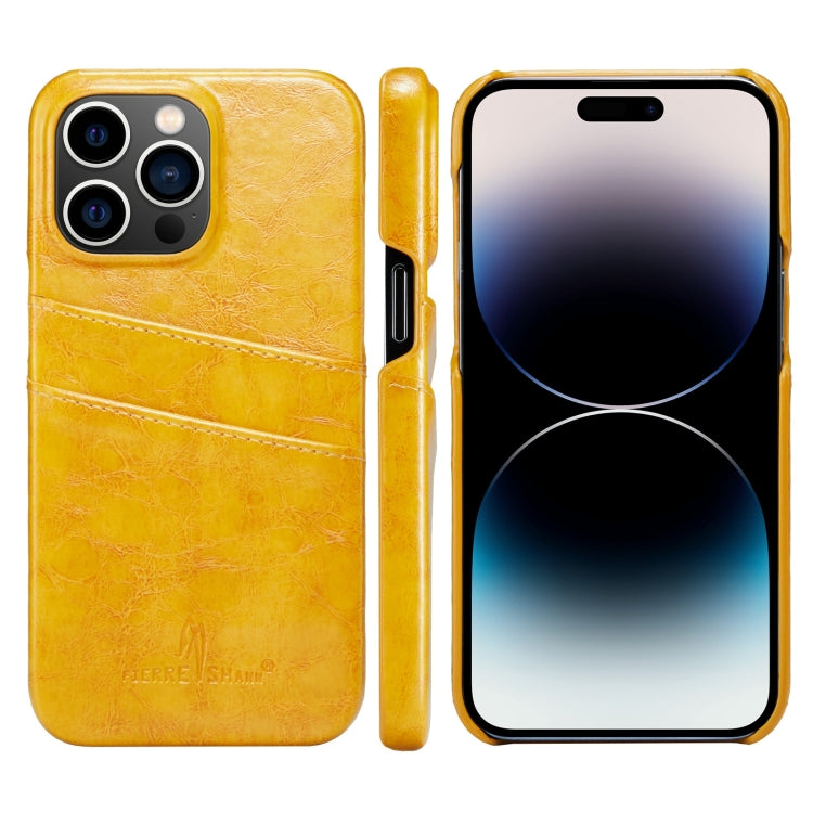 For iPhone 14 Pro Fierre Shann Retro Oil Wax Texture PU Leather Case with Card Slots(Yellow) - iPhone 14 Pro Cases by FIERRE SHANN | Online Shopping UK | buy2fix