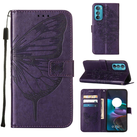 For Motorola Edge 30 Embossed Butterfly Flip Leather Phone Case(Dark Purple)