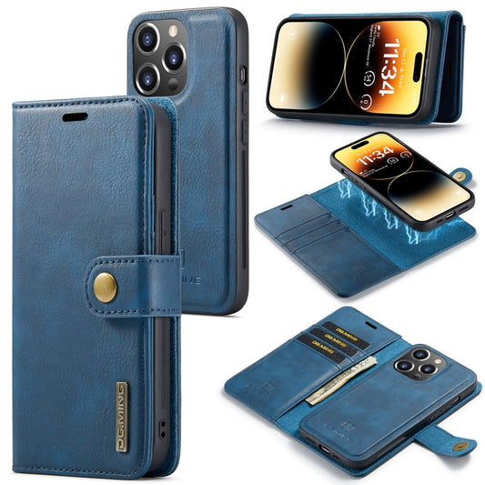For iPhone 14 Pro DG.MING Crazy Horse Texture Detachable Magnetic Leather Case(Blue) by DG.MING