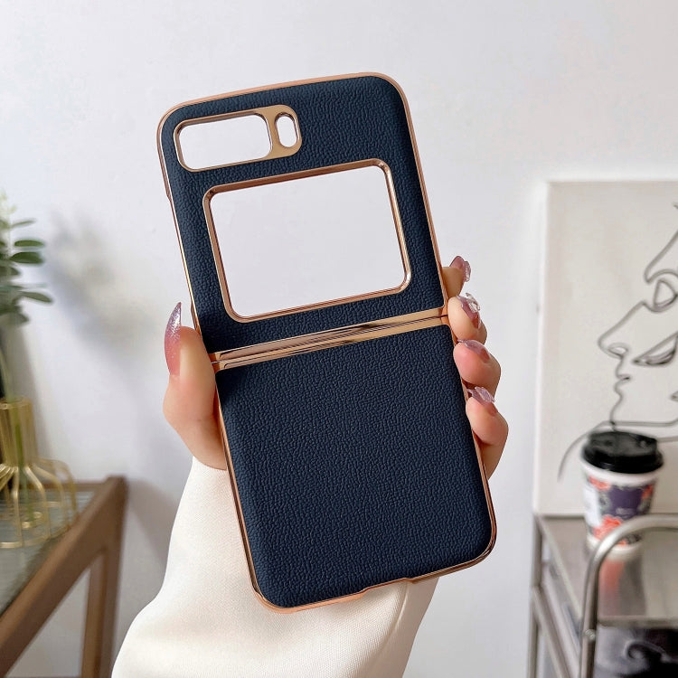 For Motorola Moto Razr 2022 Genuine Leather Luolai Series Nano Plating Phone Case(Dark Blue) by buy2fix