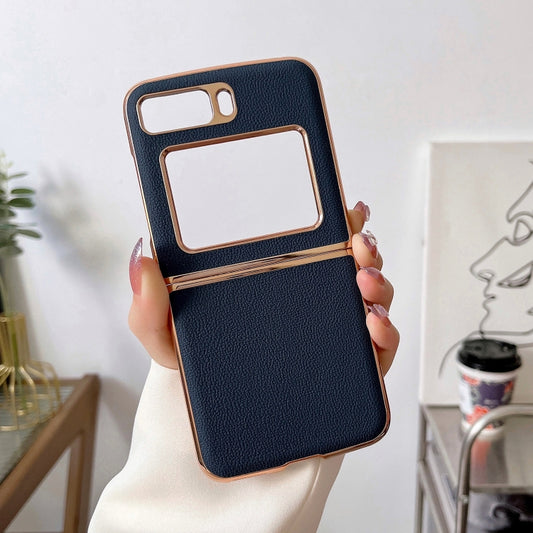 For Motorola Moto Razr 2022 Genuine Leather Luolai Series Nano Plating Phone Case(Dark Blue) by buy2fix
