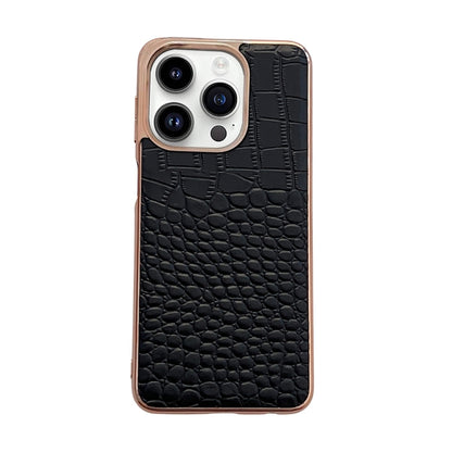 For iPhone 14 Pro Crocodile Texture Genuine Leather Nano Electroplating Phone Case(Black) - iPhone 14 Pro Cases by buy2fix | Online Shopping UK | buy2fix