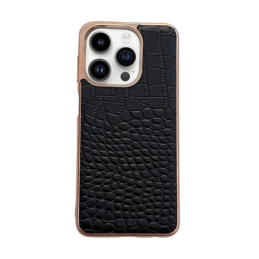 For iPhone 14 Pro Crocodile Texture Genuine Leather Nano Electroplating Phone Case(Black) - iPhone 14 Pro Cases by buy2fix | Online Shopping UK | buy2fix