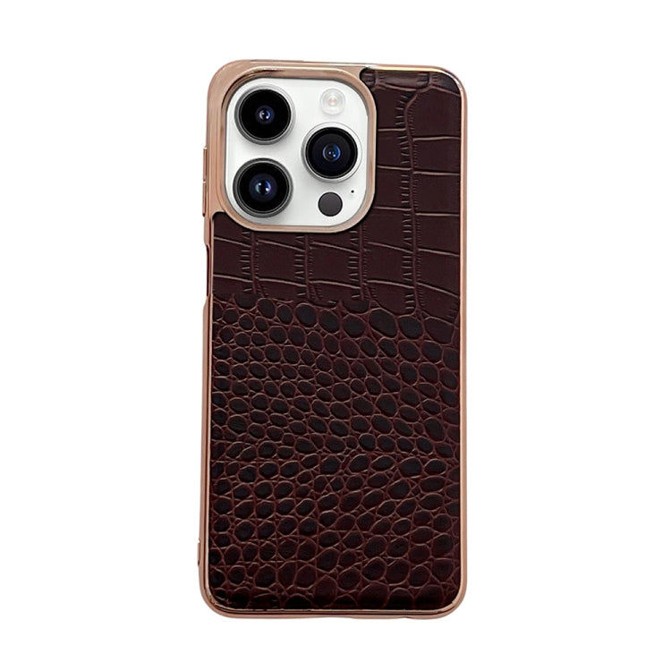 For iPhone 14 Pro Max Crocodile Texture Genuine Leather Nano Electroplating Phone Case(Coffee) - iPhone 14 Pro Max Cases by buy2fix | Online Shopping UK | buy2fix