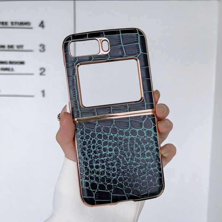 For Motorola Moto Razr 2022 Crocodile Texture Genuine Leather Nano Electroplating Phone Case(Dark Green) by buy2fix
