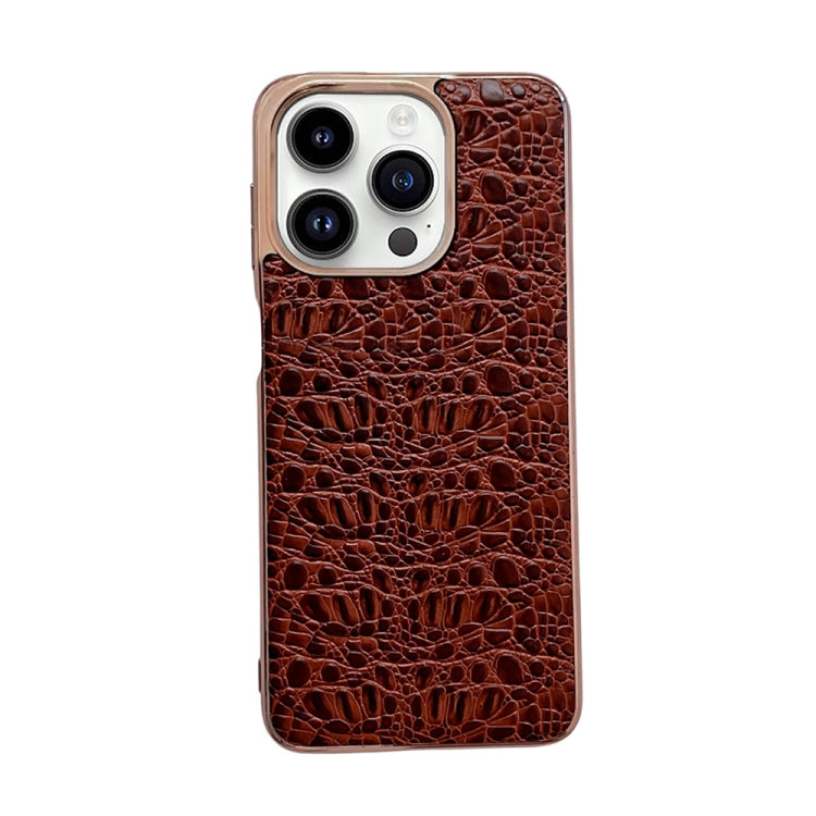 For iPhone 14 Pro Max Sky Series Nano Electroplating Genuine Leather Phone Case(Coffee) - iPhone 14 Pro Max Cases by buy2fix | Online Shopping UK | buy2fix