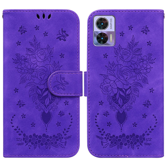 For Motorola Edge 30 Neo / Edge 30 Lite Butterfly Rose Embossed Leather Phone Case(Purple)