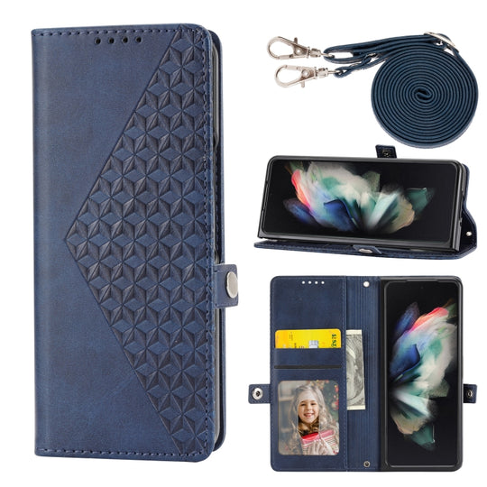 For Samsung Galaxy Z Fold4 Cubic Grid Calf Texture Leather Phone Case with Neck Lanyard(Blue)