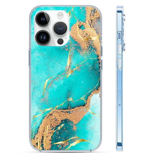 For iPhone 14 Pro Coloured Glaze Marble Phone Case(Green Gilt)