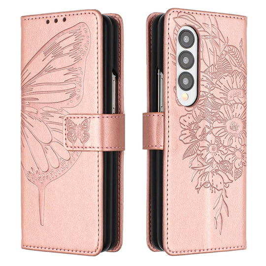 For Samsung Galaxy Z Fold4 Embossed Butterfly Leather Phone Case(Rose Gold)