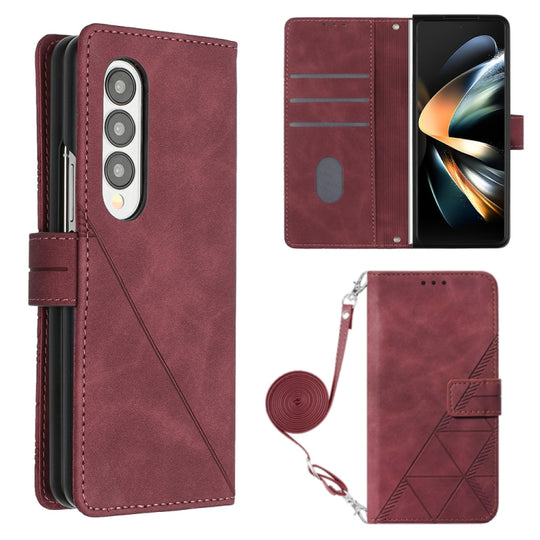 For Samsung Galaxy Z Fold4 Crossbody 3D Embossed Flip Leather Phone Case(Wine Red)