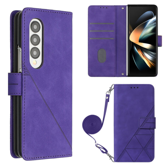 For Samsung Galaxy Z Fold4 Crossbody 3D Embossed Flip Leather Phone Case(Purple)