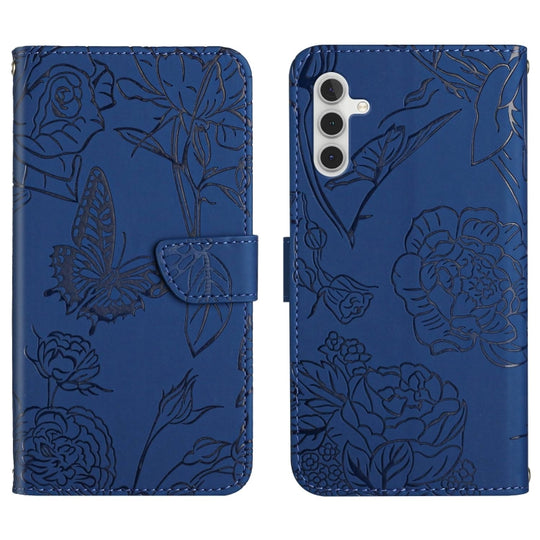 For Samsung Galaxy A04s HT03 Skin Feel Butterfly Embossed Flip Leather Phone Case(Blue)