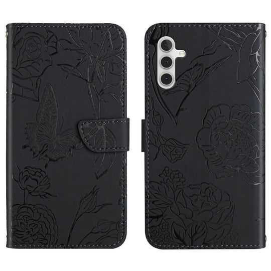 For Samsung Galaxy A04s HT03 Skin Feel Butterfly Embossed Flip Leather Phone Case(Black)