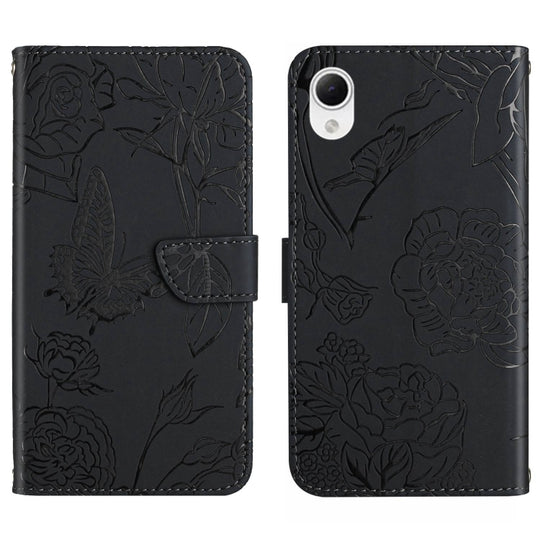 For Samsung Galaxy A23 5G JP Version HT03 Skin Feel Butterfly Embossed Flip Leather Phone Case(Black)