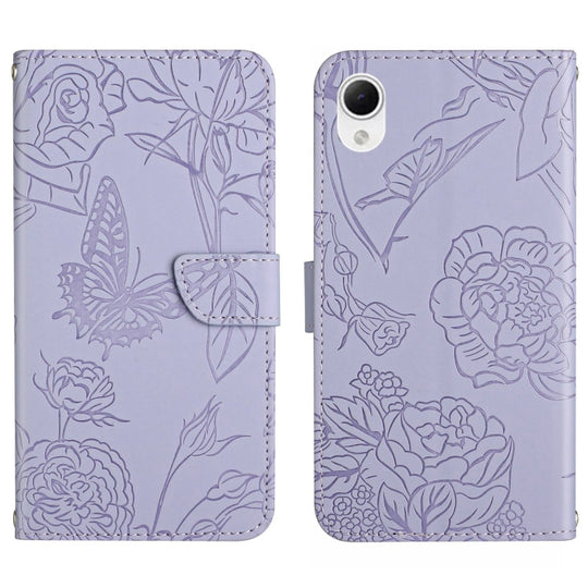 For Samsung Galaxy A23 5G JP Version HT03 Skin Feel Butterfly Embossed Flip Leather Phone Case(Purple)