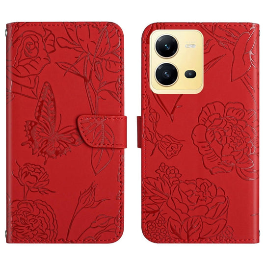 For vivo X80 Lite/V25 5G HT03 Skin Feel Butterfly Embossed Flip Leather Phone Case(Red)
