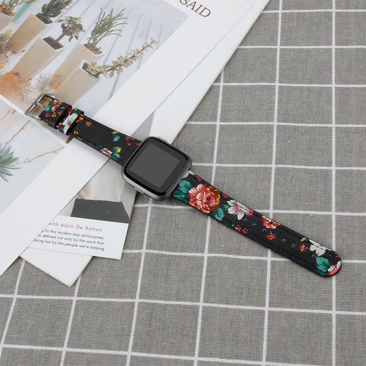 For Fitbit Versa 4 / Sense 2 Round Tail Genuine Leather Watch Band(Black Red Flower) by buy2fix