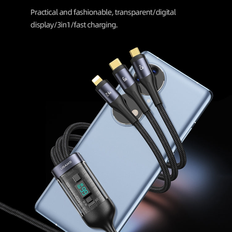 USAMS SJ582 U83 66W 3 in 1 Aluminum Alloy Transparent Digital Display Fast Charging Cable,Cable Length: 1.2m - Multifunction Cable by USAMS | Online Shopping UK | buy2fix