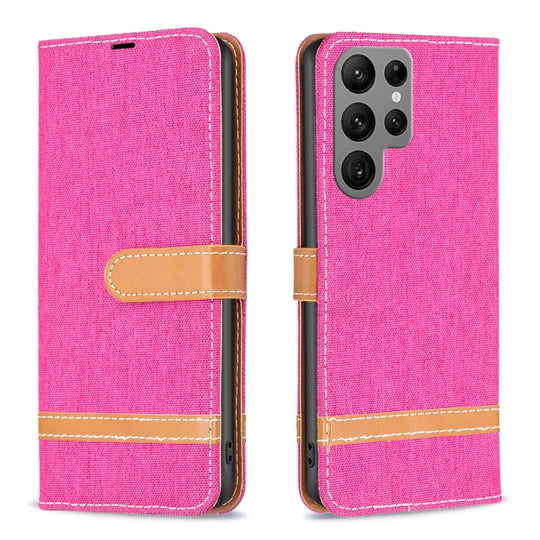 For Samsung Galaxy S23 Ultra 5G Color Block Denim Texture Leather Phone Case(Rose Red)