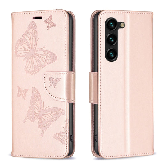 For Samsung Galaxy S23+ 5G Embossing Two Butterflies Pattern Leather Case(Rose Gold)