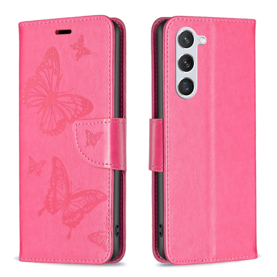 For Samsung Galaxy S23 5 Embossing Two Butterflies Pattern Leather Case(Rose Red)