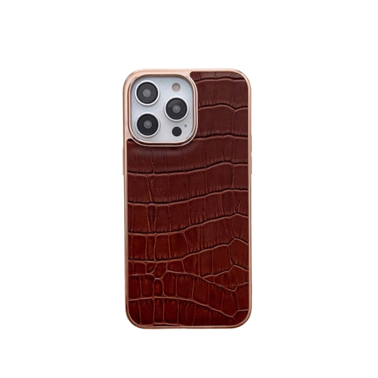 For iPhone 14 Pro Max Nano Electroplating Crocodile Texture Genuine Leather Phone Case(Coffee Brown) - iPhone 14 Pro Max Cases by buy2fix | Online Shopping UK | buy2fix