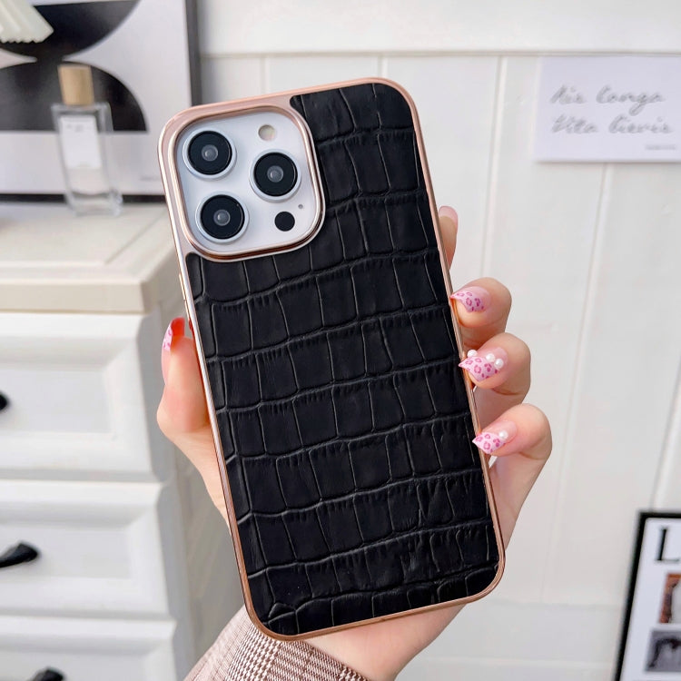 For iPhone 14 Pro Max Nano Electroplating Crocodile Texture Genuine Leather Phone Case(Black) - iPhone 14 Pro Max Cases by buy2fix | Online Shopping UK | buy2fix