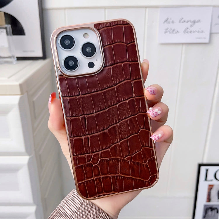 For iPhone 14 Pro Nano Electroplating Crocodile Texture Genuine Leather Phone Case(Coffee Brown) - iPhone 14 Pro Cases by buy2fix | Online Shopping UK | buy2fix