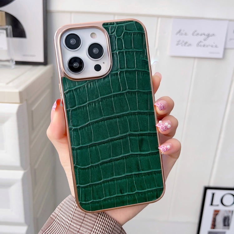For iPhone 14 Pro Nano Electroplating Crocodile Texture Genuine Leather Phone Case(Green) - iPhone 14 Pro Cases by buy2fix | Online Shopping UK | buy2fix