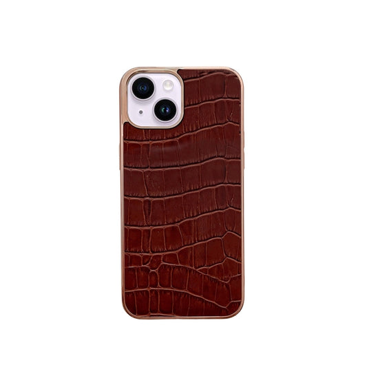 For iPhone 14 Plus Nano Electroplating Crocodile Texture Genuine Leather Phone Case(Coffee Brown) - iPhone 14 Plus Cases by buy2fix | Online Shopping UK | buy2fix