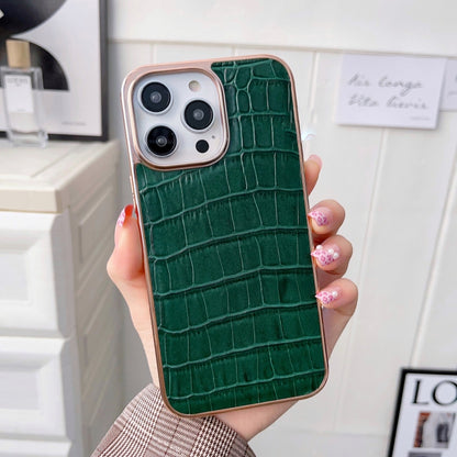 For iPhone 14 Plus Nano Electroplating Crocodile Texture Genuine Leather Phone Case(Green) - iPhone 14 Plus Cases by buy2fix | Online Shopping UK | buy2fix