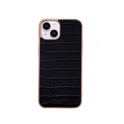 For iPhone 14 Plus Nano Electroplating Crocodile Texture Genuine Leather Phone Case(Black) - iPhone 14 Plus Cases by buy2fix | Online Shopping UK | buy2fix
