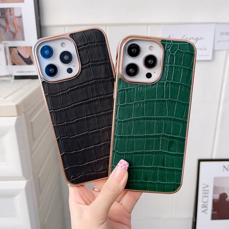For iPhone 14 Plus Nano Electroplating Crocodile Texture Genuine Leather Phone Case(Green) - iPhone 14 Plus Cases by buy2fix | Online Shopping UK | buy2fix