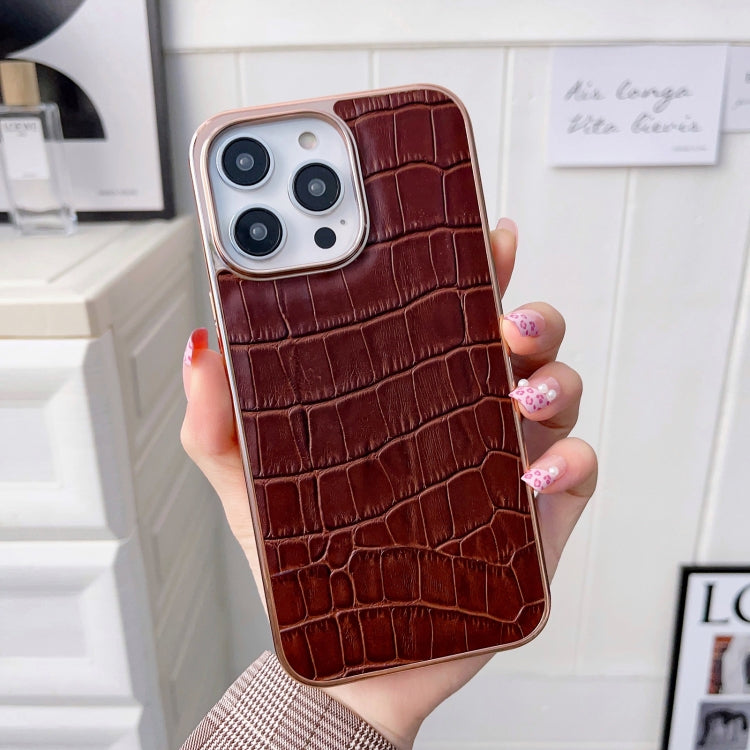 For iPhone 13 Nano Electroplating Crocodile Texture Genuine Leather Phone Case(Coffee Brown) - iPhone 13 Cases by buy2fix | Online Shopping UK | buy2fix