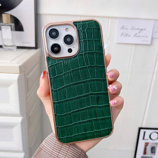 For iPhone 13 Nano Electroplating Crocodile Texture Genuine Leather Phone Case(Green) - iPhone 13 Cases by buy2fix | Online Shopping UK | buy2fix
