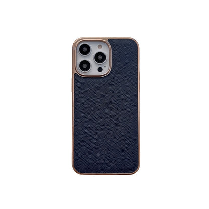 For iPhone 14 Pro Max Nano Electroplating Cross Texture Genuine Leather Phone Case(Blue) - iPhone 14 Pro Max Cases by buy2fix | Online Shopping UK | buy2fix