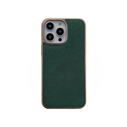 For iPhone 14 Pro Max Nano Electroplating Cross Texture Genuine Leather Phone Case(Green) - iPhone 14 Pro Max Cases by buy2fix | Online Shopping UK | buy2fix