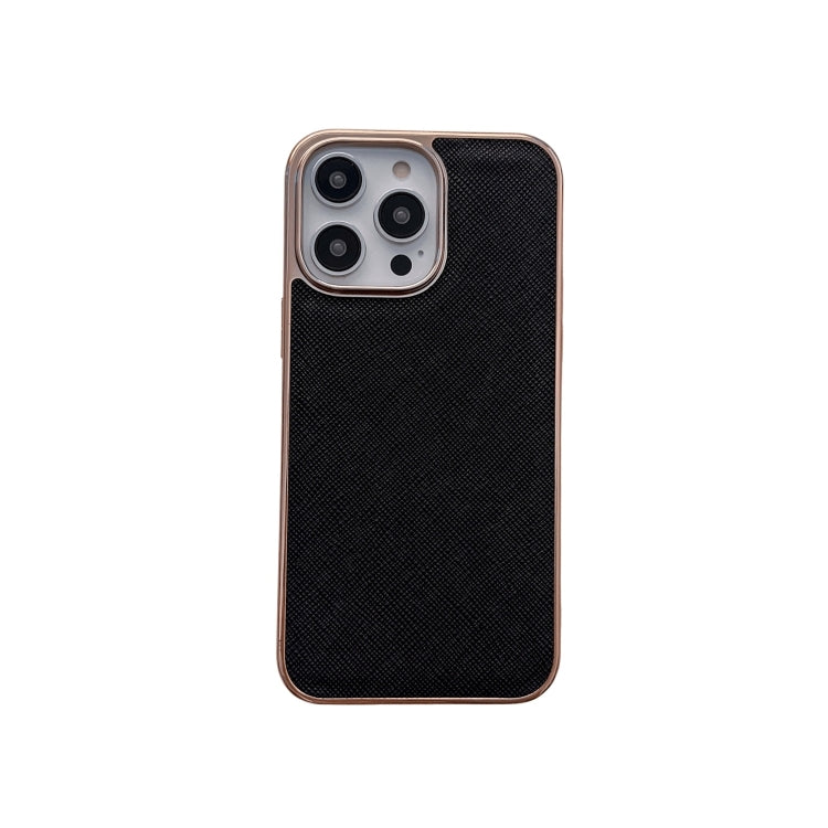 For iPhone 14 Pro Max Nano Electroplating Cross Texture Genuine Leather Phone Case(Black) - iPhone 14 Pro Max Cases by buy2fix | Online Shopping UK | buy2fix